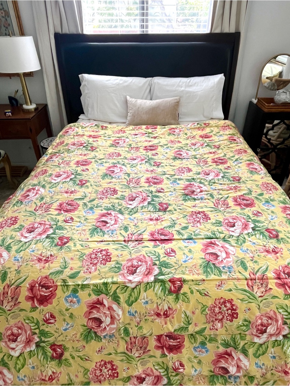 Vintage Laura Ashley queen Cabbage Roses Yellow gingham quilt